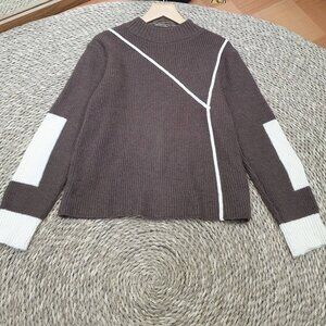 Brown White Geometric Line Color Block Knit Sweater